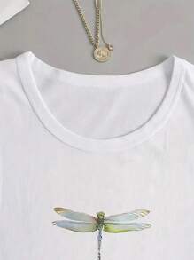 女士彩色蜻蜓动物印花休闲时尚圆领长袖 T 恤 - 白色 - 查看 3