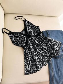 Elaquor Plus Size Fashionable Leopard Print Lace Trim Cami Top - Grey - View 5