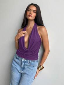 Aloruh 女士性感音乐节派对晚会日常外出和约会纯色闪光面料度假摇摆领露背针织吊带黑色背心 - 紫色 - 查看 5