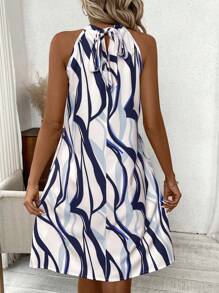 SHEIN Clasi Women's Casual Navy Blue Halter Neck Sleeveless Short Dress With Abstract Swirl Print