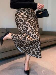 Dazy Plus Leopard Print Long A-Line Skirt, Elegant All Season Fall Skirts - Brown - View 9
