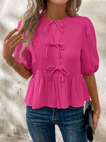 SHEIN Clasi Blusa de verano con cuello Peter Pan, mangas abullonadas y bajo con volantes, con nudo delantero