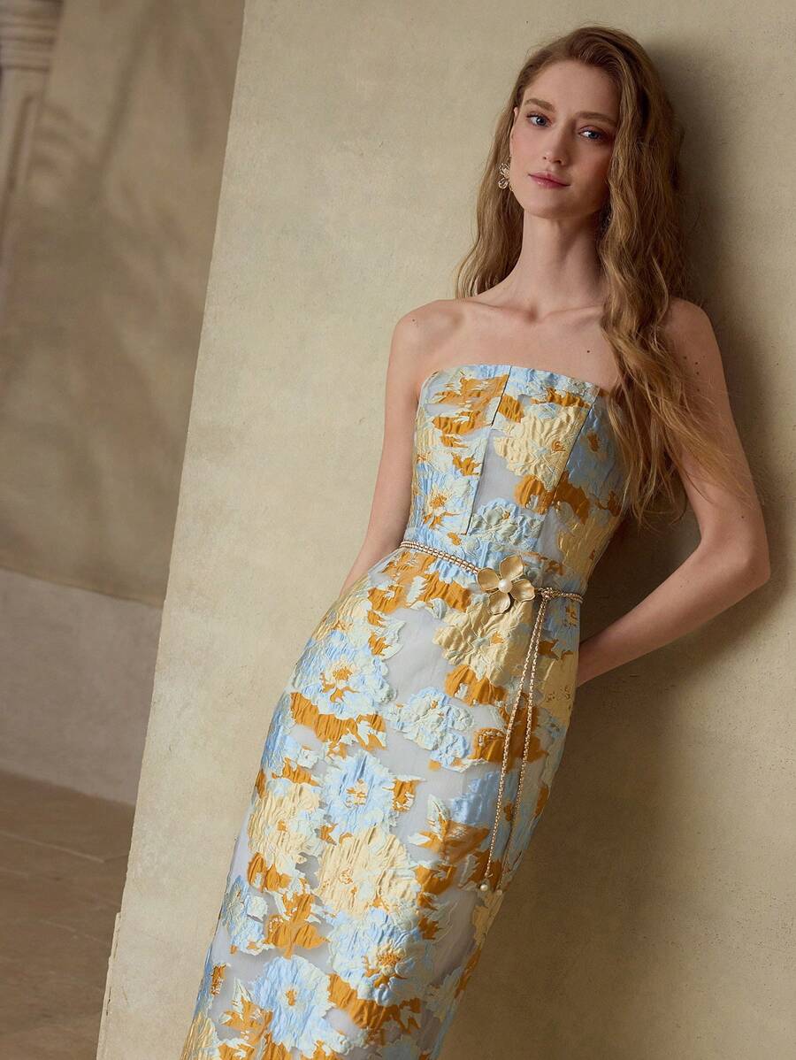 MOTF PREMIUM 提花开衩下摆连衣裙 - 淺藍色 - 查看 1