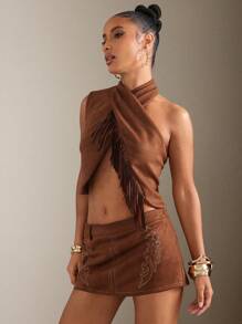 Hauture Asymmetric Halter Top With Tassel Trim - Brown - View 1