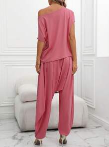 EMERY ROSE 2 pezzi Set da donna elegante e casual, top smanicato a spalla obliqua in maglia e pantaloni palazzo a vita alta con tasche