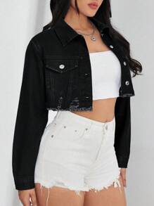 SHEIN EZwear Lässige Washed Denim Jacke mit rohem Saum und Crop-Schnitt - Schwarz - Übersicht 4