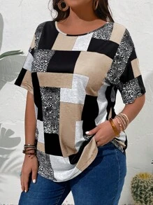 EMERY ROSE Plus Size Women's Geometric Print Round Neck Short Sleeve Casual T-Shirt - Khaki - View 6