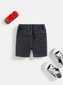 SHEIN Bebeluși băieți de vară învechit ocazional rupt înaltă stretch, skinny negru, pantaloni scurți din denim, haine de vară pentru bebeluși ținute de zi cu zi și ținute de vacanță - Negru - Vizualizare 2