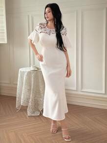 DAZY Rochie midi elegantă de vară cu imprimeu petic din dantelă pentru femei, rochii de mireasă cu volane