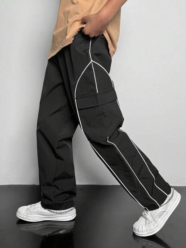 SHEIN Tween Boys Casual Versatile Comfortable Contrast Color Drawstring Pockets Loose Straight Woven Plain Pants