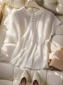 Franclia Women's Simple Round Neck Short Sleeve Blouse, Solid Color Office Shirt - White - View 1