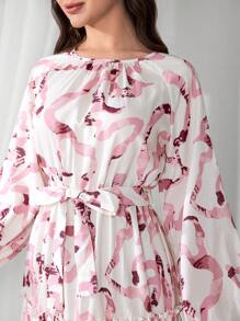 Al Najma Women's Round Neck Full Print Arabic Style Lantern Sleeve Dress, Modest - Pink - View 5