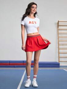 Cheerettes Letter Print Open Back Round Neck Tight-Fitting Short Sleeve Sports T-Shirt
