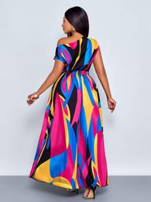 SOLERSUN Plus Size Spring And Summer Fashion Elegant Commuting Casual Slanted Shoulders Short Sleeves Large Skirt Waist Art Street Seaside Vacation Date Travel Female Model - Hot Pink - View 3