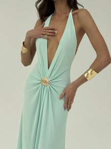 Aloruh Women Solid Color Halter Pleated Sexy Backless Dress Summer Summer Outfits Summer Clothes Beach Outfits For Woman  Beach Vacation Vacation Outfits Woman Boho  Tropical Vacation Woman Clothe  Tropical Vacation Woman Clothe Backless Mesh Lake Blue Deep V Mesh Long Dress With Metal Shell Decoration For Slimming Effect Backless Metal Shell Decoration At Waist Deep V,Summer Dresses For Women,Party Dress