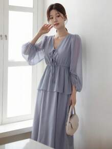 DAZY Vestido largo de unicolor con cintura ceñida y mangas de obispo, vestido largo elegante para mujeres, vestidos casuales de mujer de manga larga