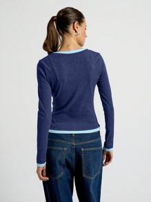 AiiRZ Ribbed Long Sleeve Casual Top With Baby Blue Trim Winter Basic Layer Double Neck Detail Fitted Workout Athletic Running Yoga Fall Essentials