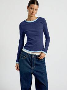 AiiRZ Ribbed Long Sleeve Casual Top With Baby Blue Trim Winter Basic Layer Double Neck Detail Fitted Workout Athletic Running Yoga Fall Essentials