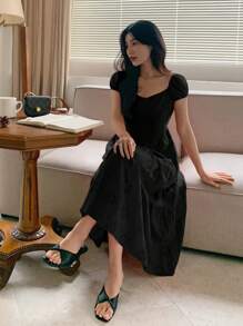 DAZY Đầm midi ren tay bồng eo cho nữ - màu đen - Xem 4