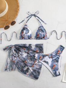 SHEIN Swim Summer Beach Marble Print Halter Bikini Set With Cover Up Skirt - Multicolor - View 1