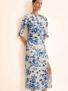 GENKIRA 新款优雅女式法式时尚简约大方圆领 3/4 泡泡袖腰部修身侧开衩直筒连衣裙，带花卉印花，长款 - 藍白色 - 查看 5