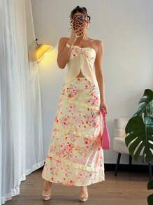 INAWLY Set de 2 piezas con top tipo bandeau y minifalda con parches florales, conjunto vacacional para mujer