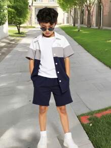 2 Packs Tween Boy Casual Sports College Artistic Style Retro Back With Letter Pattern Stitching Lapel Shirt And Shorts Set Suitable For Kids Outfits Toddler Boy Clothes Back To School Boys Set Suitable For Birthday Parties, Evening Parties, Performances, Weddings, Baptisms, Opening Ceremonies Daily Suitable For Daily Use Suitable For School Suitable For Travel Suitable For Sports Suitable For Spring And Summer Seasons - Blue - View 3