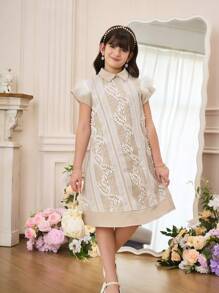 Tween Girl Casual Elegant Dantela Trim Contrast Maneca A-Line Rochie - Kaki - Vizualizare 7