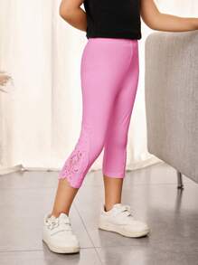SHEIN Leap Crew Kleine Mädchen Lässig Mutter-Tochter Passende Lässig Spitzenleggings mit Guipure-Spitzeneinsatz, geeignet für Alltag Outfit und Reise- und Urlaubsoutfits - Pink - Übersicht 3
