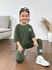 Young Girls & Young Girl Casual Matching Mother-Daughterl 2pcs/Set Letter Print Dropped Shoulder Round Neck T-Shirt And Pants, Casual Outfit, Great For Casual & Daily Wear & School Daily In Spring And Autumn,Valentine's Day,Mom And Daughter Matching,Sister And Me Matching