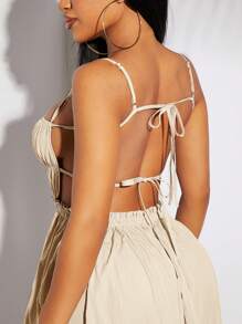 SHEIN SXY Vestido largo elegante con diseño de halter con pliegues y corte en A, de estilo occidental, de tela de lino sintética de color gris topo, para mujer, ideal para primavera, verano, vacaciones, boda, Día de San Valentín