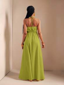 Zivah 新款春夏休闲假日露背露肩胸围、腰围和后背摆裙，前开叉至大腿，黄色海条纹女式超长连衣裙-B - 綠色 - 查看 2