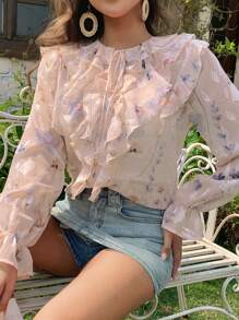 Livesso 度假海滩雪纺衬衫，荷叶边饰边，系带抽绳领口，长袖女士衬衫，秋季女装 - 杏色 - 查看 3