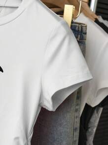 Teen Girls' Casual Versatile Simple Black Bow Print Short Sleeve T-Shirt - White - View 4