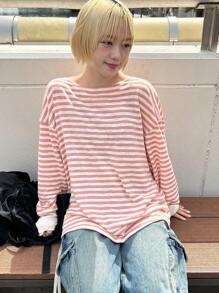 FRIFUL Women's Striped Loose Petite Long Sleeve T-Shirt, Spring Casual Outfit Vacation Striped Top