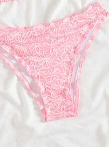SHEIN Swim Ensemble de bikini pour femmes avec encolure ras-du-cou, bretelles spaghetti, imprimé à carreaux et floral texturé, dos nu. Convient pour les vacances à la plage, le printemps et l'été. - Rose bonbon - Voir 4