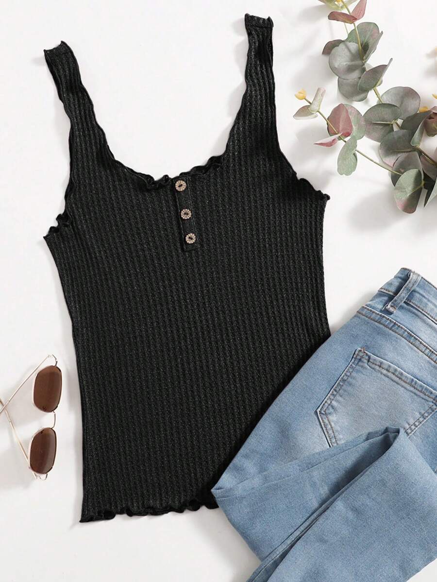 SHEIN Essnce Áo hai dây Xù nhỏ màu trơn Giải trí - màu đen - Xem 1