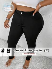 SHEIN CURVE+ Women's Knitted Elastic Slim-Fit Black Pants, Comfortable & Versatile, Suitable For All Seasons, Plus Size - Black - View 1