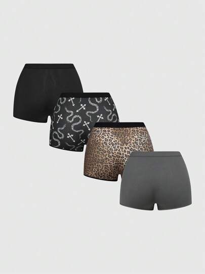 Goth 4pcs Gothic Punk Cross, Snake Skin, Leopard Print Design Men's Boxer Briefs Set