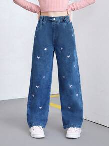 SHEIN Tween Girls Y2K Style Washed Blue Loose Playful Heart Embroidery Straight Leg Jeans, Suitable For Daily Fashion Versatile Wear - Dark Wash - View 7