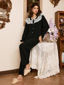 蕾丝边浪漫女士睡衣套装 - 黑色 - 查看 6