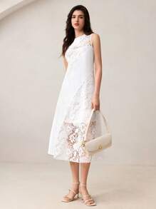 BizChic Nuovo arrivo Abito lungo senza maniche bianco per donna, elegante per lavoro, appuntamenti, pendolarismo, vacanze, stagione di matrimonio, con inserti in pizzo francese