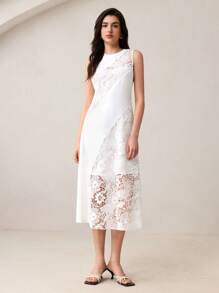 BizChic Nuovo arrivo Abito lungo senza maniche bianco per donna, elegante per lavoro, appuntamenti, pendolarismo, vacanze, stagione di matrimonio, con inserti in pizzo francese