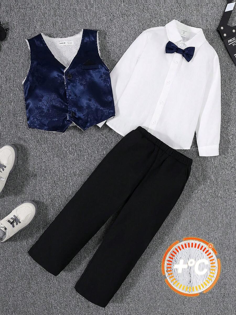 Young Boy Thermal Lined Button Up Vest Blazer & Pants & Shirt - Multicolor - View 1