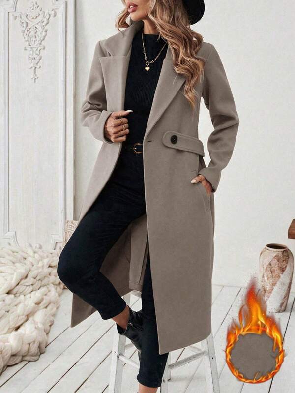 Vionelle Plus Size Women Autumn/Winter Classic Casual Minimalist Turndown Collar Cinched Waist Button Decor Pocket Woolen Mid-Length Coat