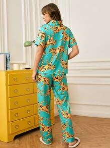 Leopard Print Lapel Top & Pants Pajama Set For Ladies - Multicolor - View 2