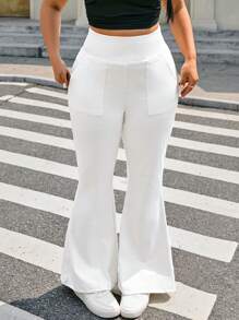 SHEIN EZwear Quần yoga cạp cao ống loe cỡ lớn có túi, màu trơn thường ngày, dành cho mùa xuân và mùa hè - trắng - Xem 4