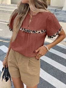 SHEIN Frenchy Áo cánh tay ngắn cổ bẻ họa tiết da báo thường ngày mùa hè cho nữ - Gỗ đỏ - Xem 5