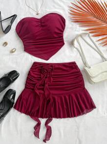 Soleia 2 Pieces Set: Solid Color 3D Floral Tube Top & Mini Skirt,Summer Sets - Burgundy - View 3