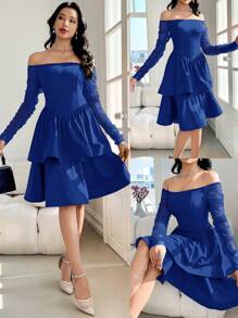 Modelyn Women's Solid Color Off Shoulder Long Sleeve Ruffle Hem Midi Dress